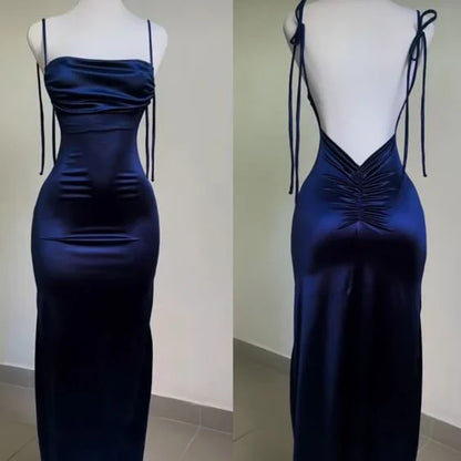 Sleek Ruched Sweetheart Spaghetti-strap Open-back Satin Floor-length Prom Dress