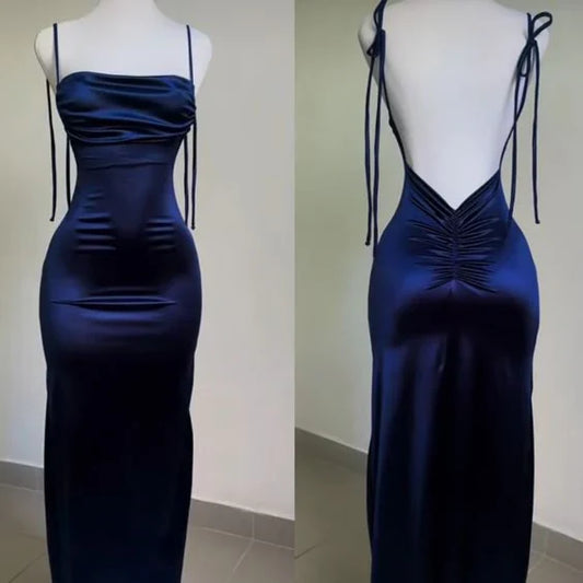 Sleek Ruched Sweetheart Spaghetti-strap Open-back Satin Floor-length Prom Dress