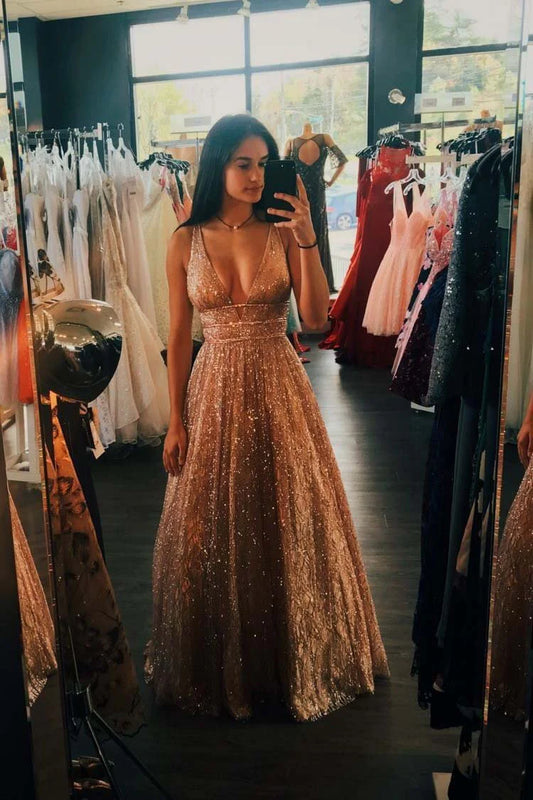 Vestidos de fiesta sin mangas con lentejuelas, corte A, escote en V profundo, largo hasta el suelo
