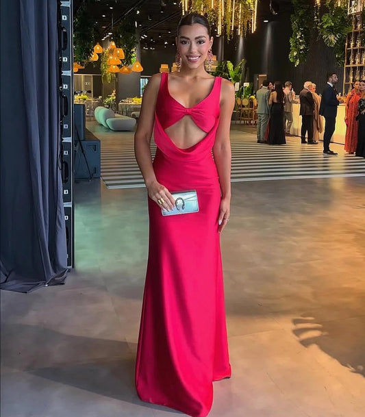 Sleeveless Cowl Neck Satin Mermaid Prom Dress with Front Cutout