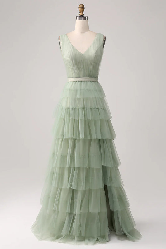 Sleeveless V-Neck Tiered Ruffle Tulle Maxi Prom Dresses (Sage Green)