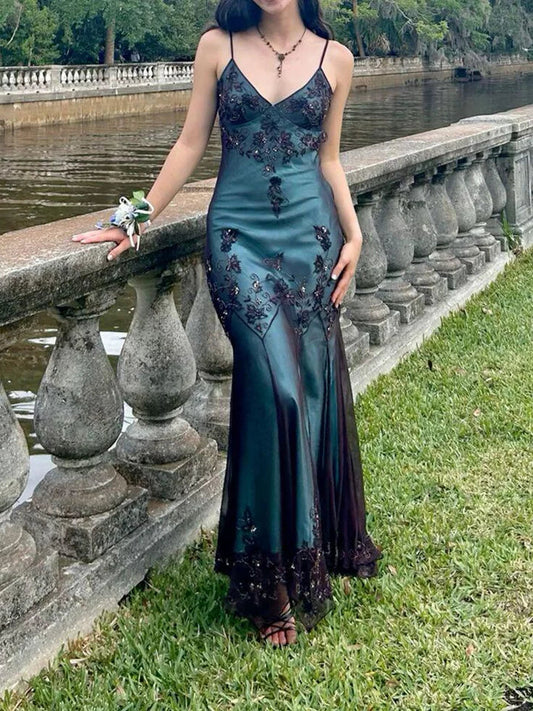 Smoky Blue Ombre Sequin Floral Mermaid Maxi Evening Dress