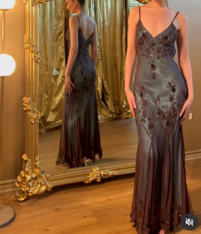 Smoky Blue Ombre Sequin Floral Mermaid Maxi Evening Dress
