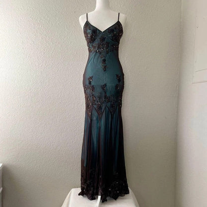 Smoky Blue Ombre Sequin Floral Mermaid Maxi Evening Dress