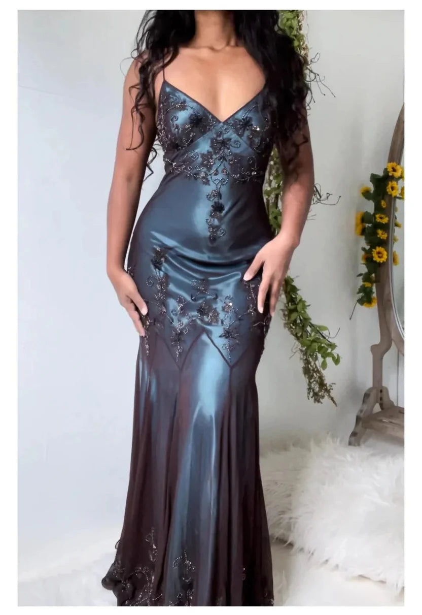 Smoky Blue Ombre Sequin Floral Mermaid Maxi Evening Dress
