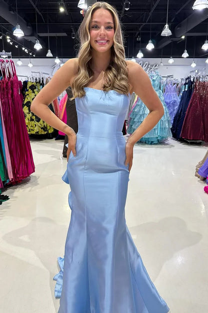 Vestido de fiesta Amzcw de satén sin tirantes, con cola y volantes, corte sirena y sin mangas