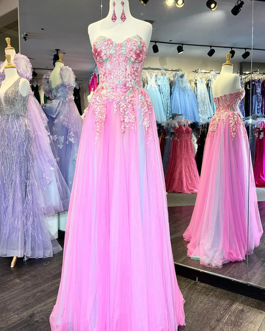 Vestidos de fiesta de tul sin tirantes, con apliques y longitud hasta el suelo 