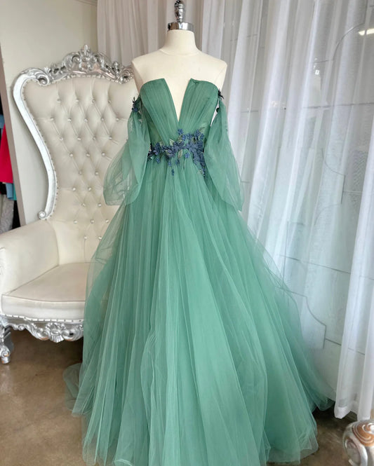Vestidos de fiesta con hombros descubiertos, corte en A, de tul con apliques y abertura