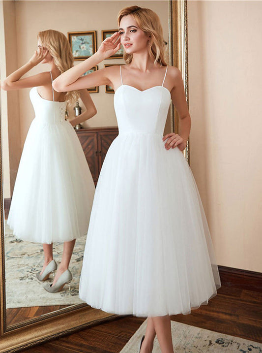 Solid Color  Minimalist Vintage Tulle A-Line Sweetheart Spaghetti-Strap Lace-Up-Back Tea-Length Wedding Dress