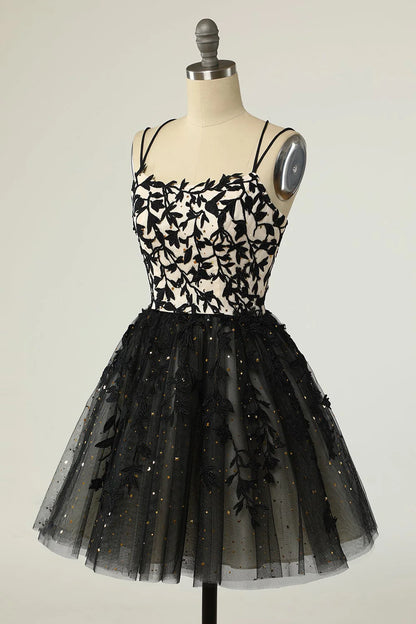 Vestido de fiesta de bienvenida sexy, económico, de encaje negro con tirantes finos 