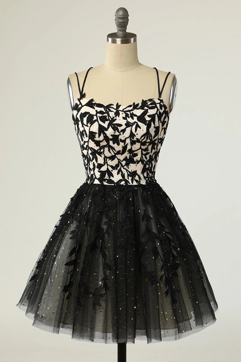 Vestido de fiesta de bienvenida sexy, económico, de encaje negro con tirantes finos 