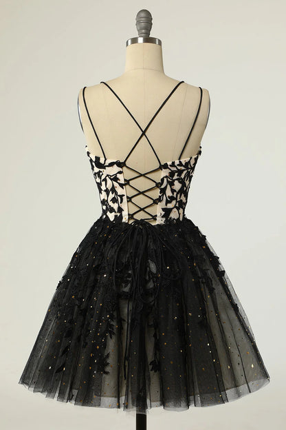 Vestido de fiesta de bienvenida sexy, económico, de encaje negro con tirantes finos 