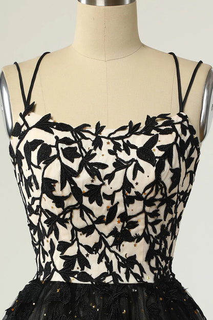Vestido de fiesta de bienvenida sexy, económico, de encaje negro con tirantes finos 