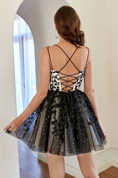 Vestido de fiesta de bienvenida sexy, económico, de encaje negro con tirantes finos 