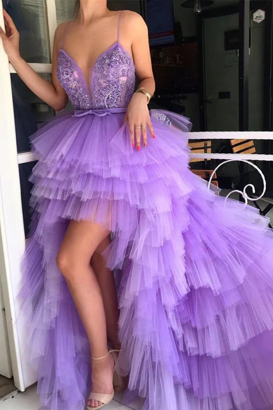 Vestidos de cóctel con tirantes finos, corte asimétrico, color lila, escote en V, vestidos de fiesta de tul largos 