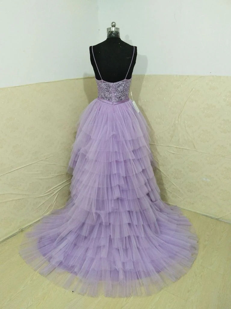 Vestidos de cóctel con tirantes finos, corte asimétrico, color lila, escote en V, vestidos de fiesta de tul largos 