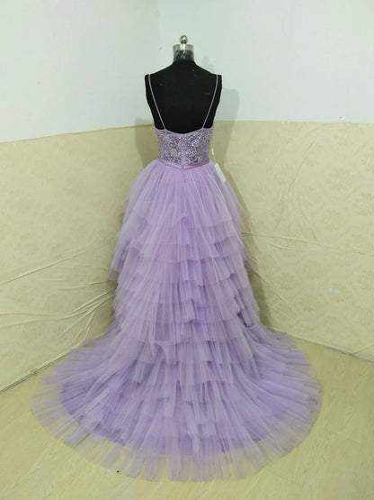 Vestidos de cóctel con tirantes finos, corte asimétrico, color lila, escote en V, vestidos de fiesta de tul largos 