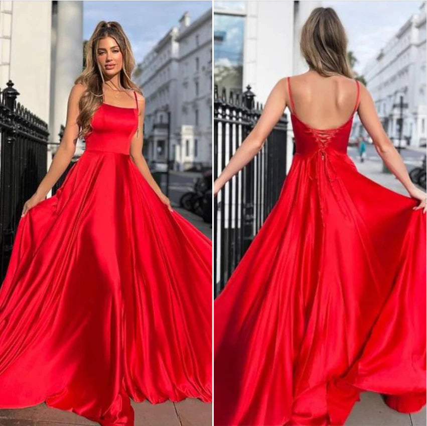 Vestidos de fiesta sencillos, económicos, largos, de satén, rojos, con espalda descubierta y tirantes finos