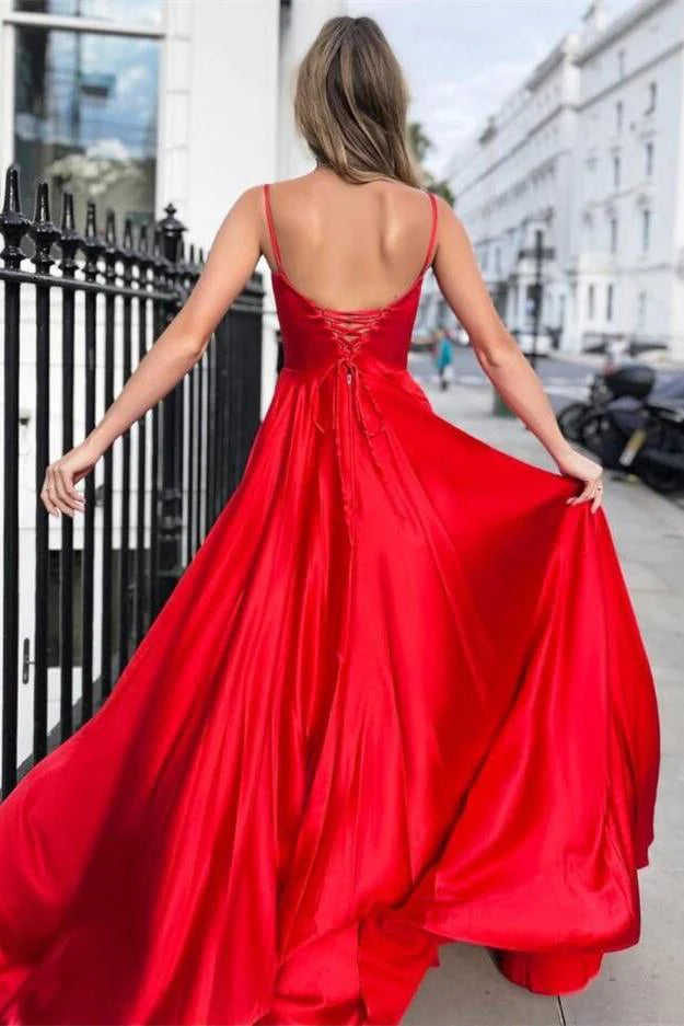 Vestidos de fiesta sencillos, económicos, largos, de satén, rojos, con espalda descubierta y tirantes finos