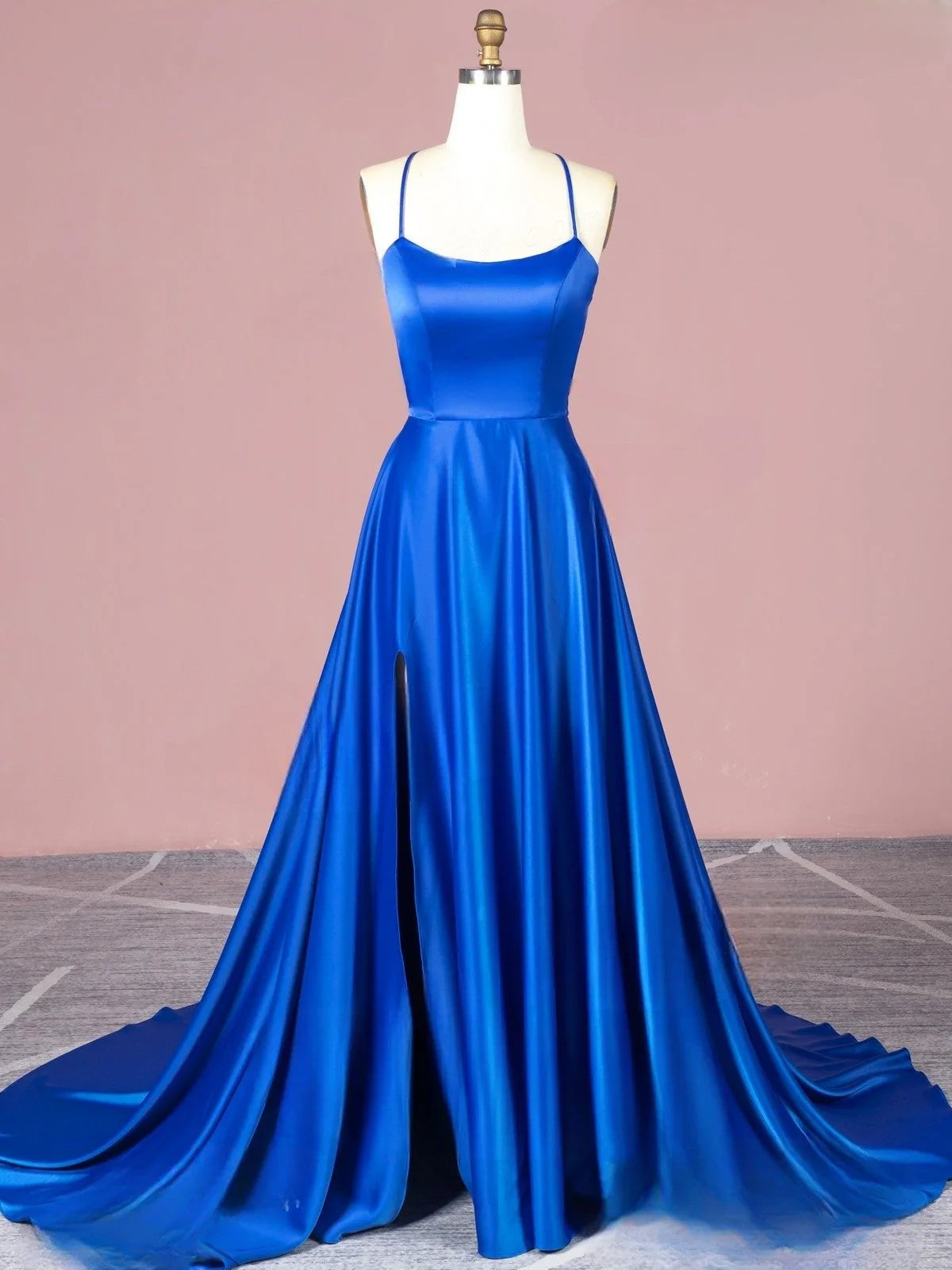 Vestidos de fiesta sencillos, económicos, largos, de satén, rojos, con espalda descubierta y tirantes finos