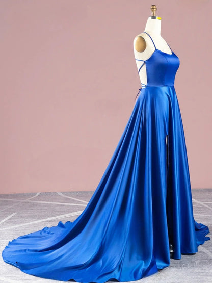 Vestidos de fiesta sencillos, económicos, largos, de satén, rojos, con espalda descubierta y tirantes finos