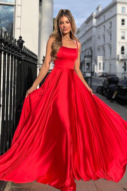 Vestidos de fiesta sencillos, económicos, largos, de satén, rojos, con espalda descubierta y tirantes finos