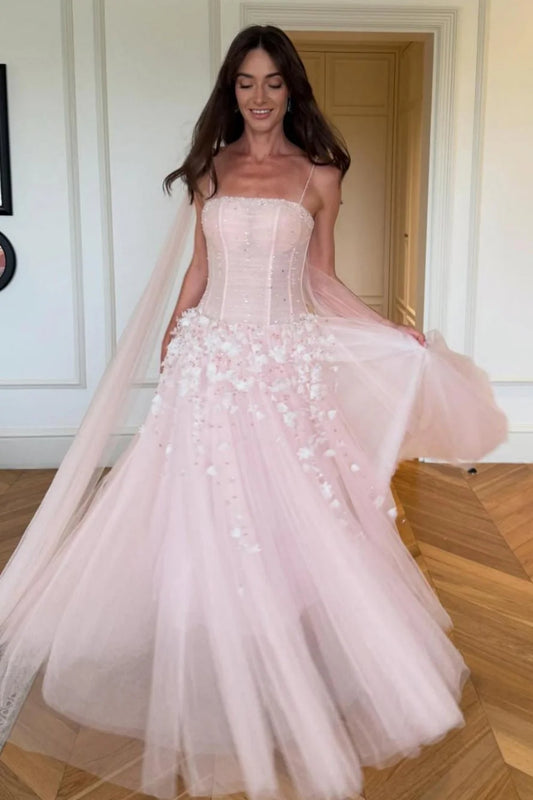 Spaghetti Strap Corset 3D Floral Embellished Blush Pink Tulle A-Line Prom Dresses