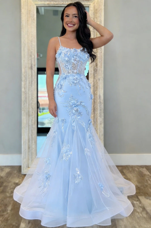 Spaghetti Strap Corset 3D Floral Embellished Lace-Up Back Sky Blue Tulle Mermaid Chapel Train Prom Dresses