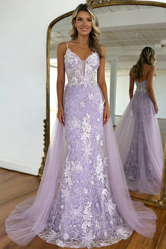 Spaghetti Strap Corset Floral Embellished Detachable Overskirt Lavender Tulle Mermaid Prom Dresses