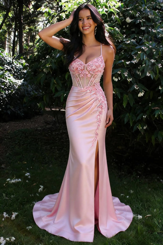 Spaghetti Strap Corset Floral Embellished High Slit Lace-Up Back Blush Pink Satin Mermaid Chapel Train Prom Dresses