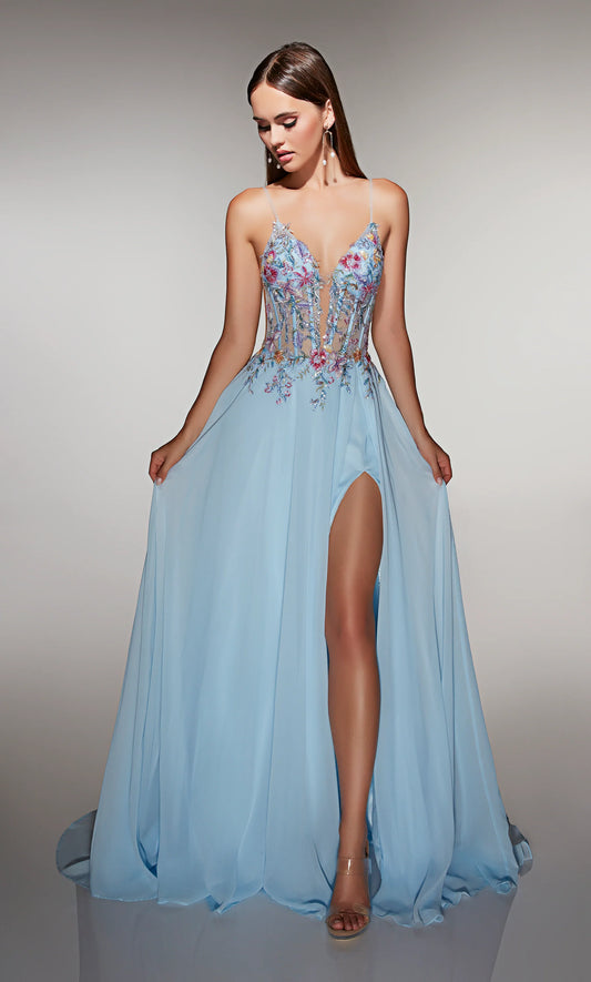 Spaghetti Strap Deep V 3D Floral Appliqué High Slit Dusty Blue Chiffon A Line Cathedral Train Prom Dresses