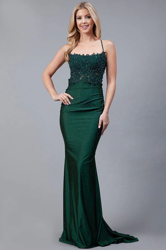 Spaghetti Strap Floral Lace Beaded Backless Mermaid Prom Dresses (Emerald Green, Red)