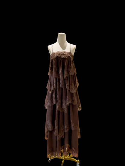 Spaghetti Strap Lace Trim Tiered Chiffon Criss Cross Back Maxi Dresses