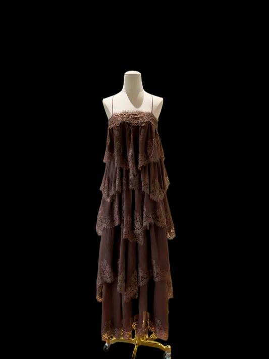 Spaghetti Strap Lace Trim Tiered Chiffon Criss Cross Back Maxi Dresses