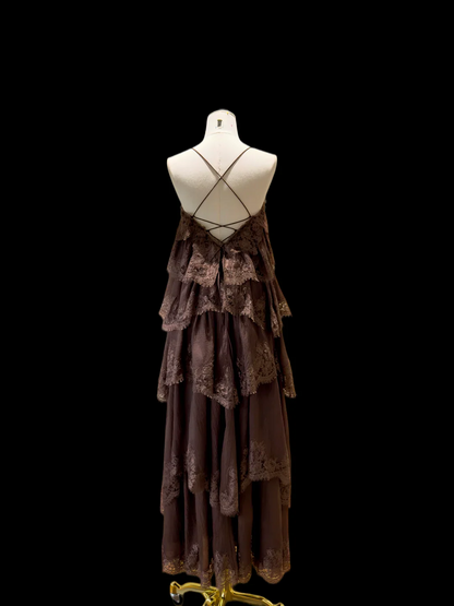 Spaghetti Strap Lace Trim Tiered Chiffon Criss Cross Back Maxi Dresses