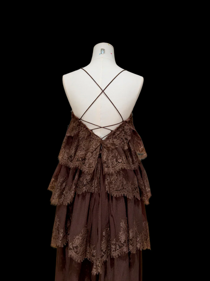 Spaghetti Strap Lace Trim Tiered Chiffon Criss Cross Back Maxi Dresses