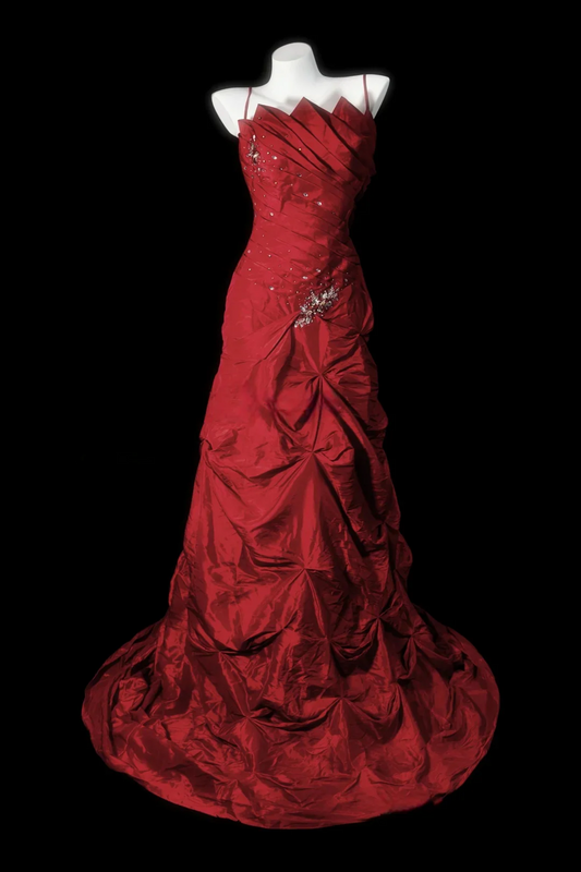 Spaghetti Strap Pleated Bodice Beaded Appliqué Ruched Taffeta Train Mermaid Prom Dresses