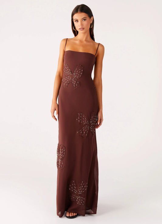 Spaghetti Strap Square Neck 3D Floral Appliqué Open Back Chocolate Brown Chiffon Mermaid Maxi Dress