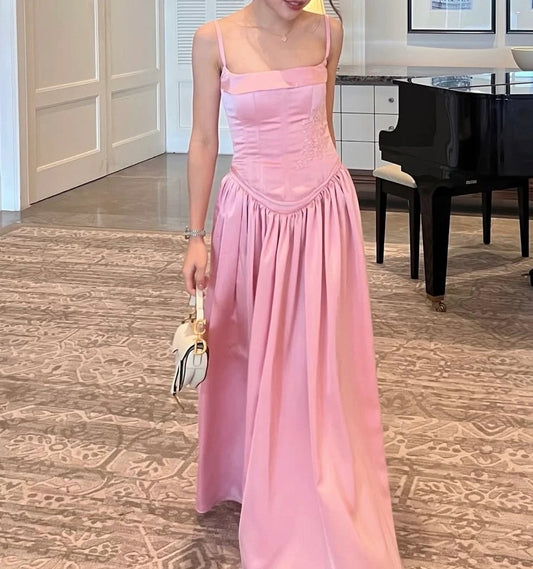 Spaghetti Strap Square Neck Embroidered Corset Lace Up Back Pleated Satin Maxi Dresses