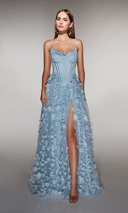 Spaghetti Strap Sweetheart Corset Bodice 3D Floral Appliqué High Slit Dusty Blue Tulle A Line Prom Dresses