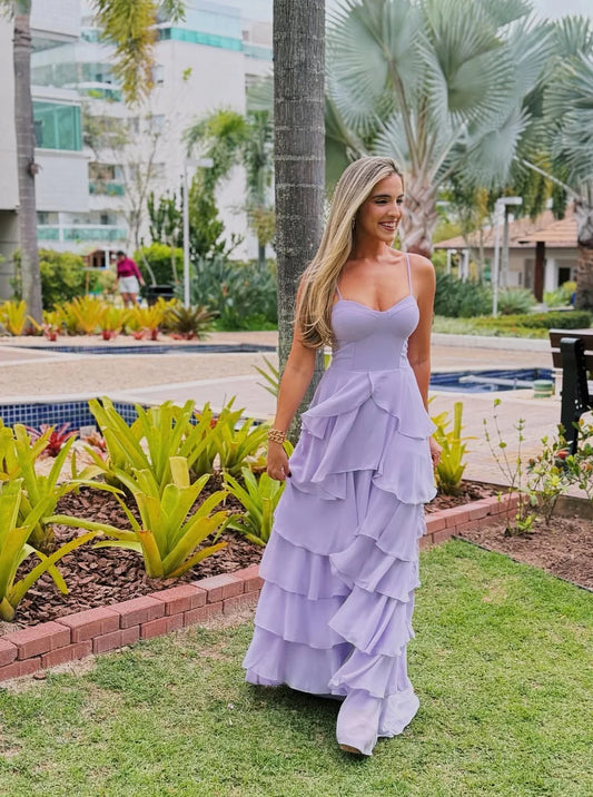 Spaghetti Strap Tiered Ruffle Chiffon Maxi Dress with Sweetheart Neckline