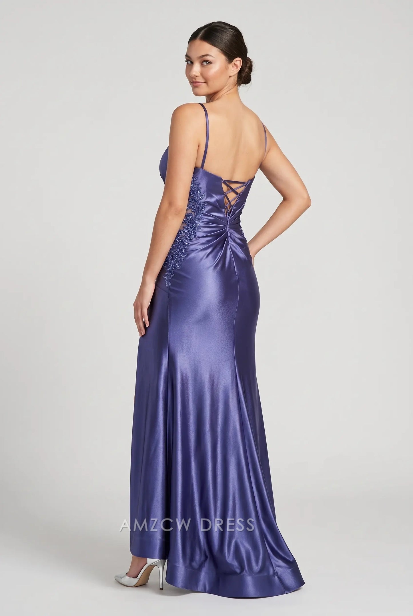 Spaghetti Strap V Neck Lace Appliqué Side Cutout Lace-Up Back High Slit Floor Length Satin Mermaid Prom Dress