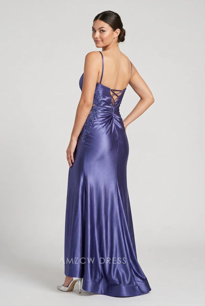Spaghetti Strap V Neck Lace Appliqué Side Cutout Lace-Up Back High Slit Floor Length Satin Mermaid Prom Dress