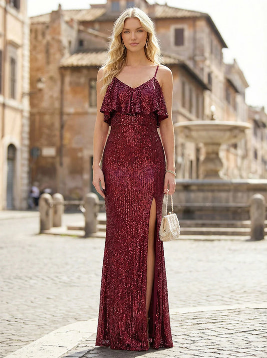 Spaghetti Strap V Neck Ruffle Trim All Over Sequin High Slit Open Back Burgundy Mermaid Evening Gown