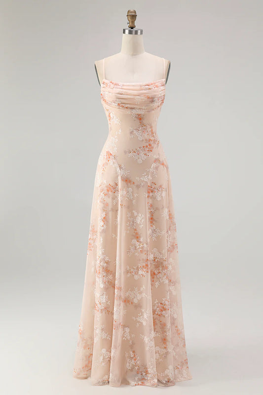 Spaghetti Straps Blush Floral Chiffon Prom Dress with Ruched Bodice, Lace-Up Back and Flowy A-Line Skirt