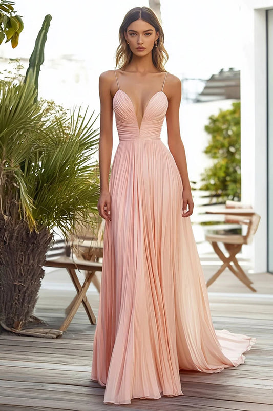 Spaghetti Straps Blush Pink Chiffon Prom Dress with Deep V-Neck, Ruched Bodice and Flowy A-Line Skirt