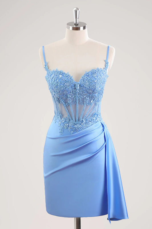 Spaghetti Straps Light Blue Bodycon Homecoming Dress with Sequin Lace Appliqué, Sheer Corset Bodice and Draped Satin Skirt