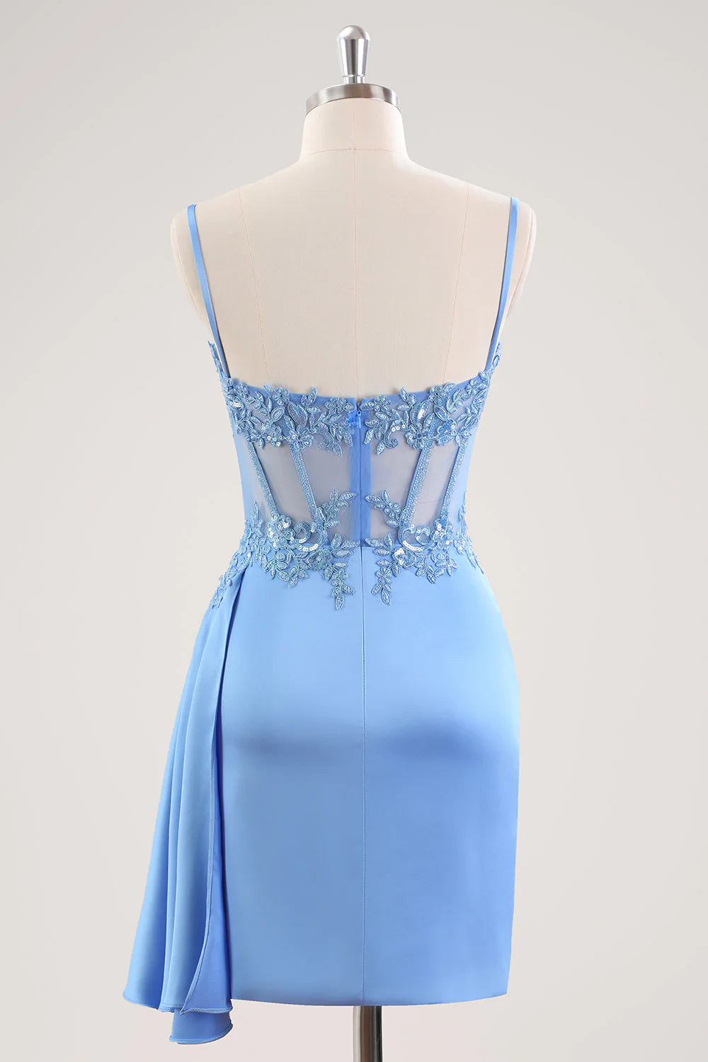 Spaghetti Straps Light Blue Bodycon Homecoming Dress with Sequin Lace Appliqué, Sheer Corset Bodice and Draped Satin Skirt