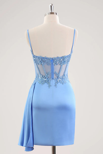 Spaghetti Straps Light Blue Bodycon Homecoming Dress with Sequin Lace Appliqué, Sheer Corset Bodice and Draped Satin Skirt