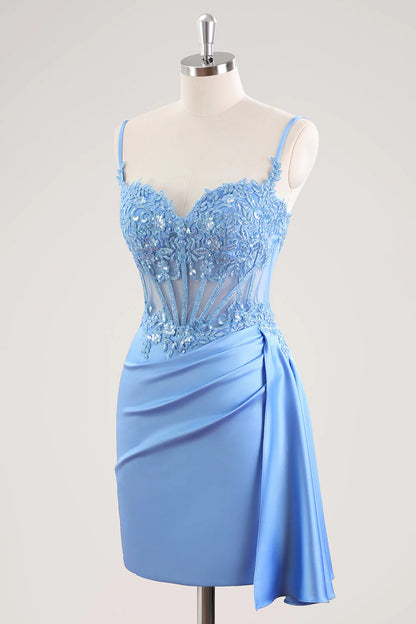 Spaghetti Straps Light Blue Bodycon Homecoming Dress with Sequin Lace Appliqué, Sheer Corset Bodice and Draped Satin Skirt